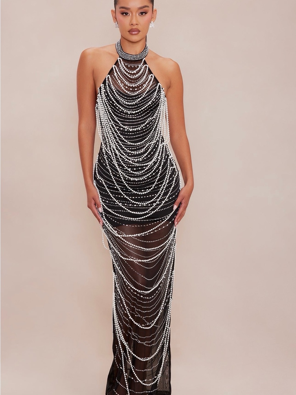 Fashion Nova Black Sheer Maxi Dress with Pearl Chain Detailing
